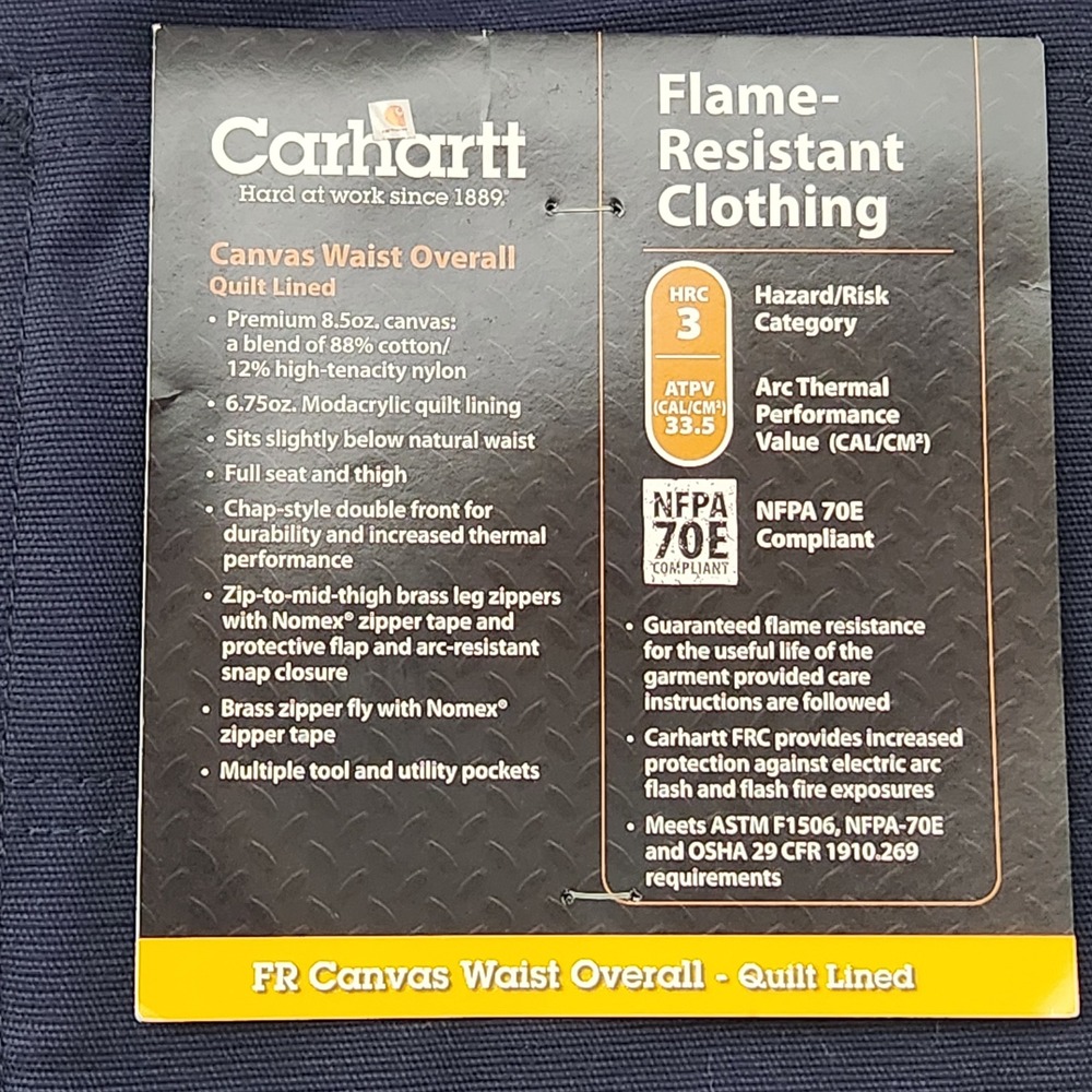 Carhartt FR Canvas Waist Overall Quilt Lined Pant/Jean Navy 38x34 FRB194 HRC 3 - Picture 2 of 14